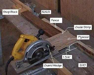 Photo of circular skil saw with guide strip, guard wedge and stop block.