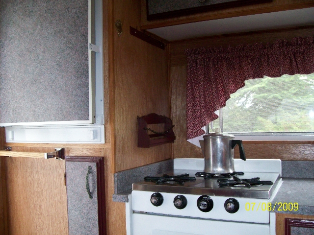 Photo of the another angle in the kitchen area of the renovated old camper.