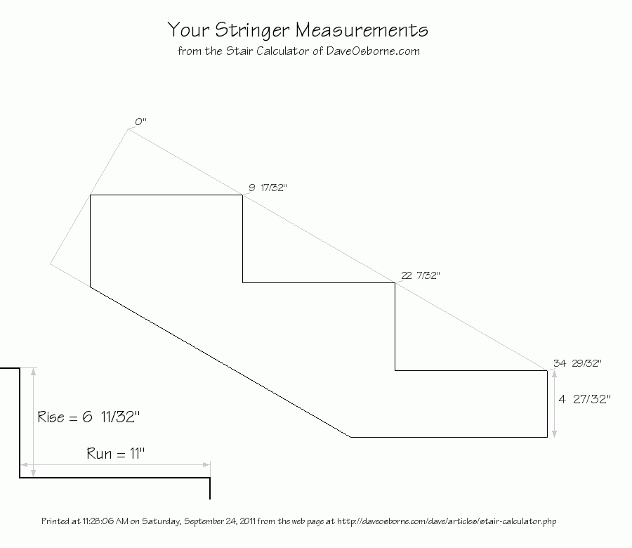 Diagram from our Stair Calculator showing entire stair stringer with measurements.