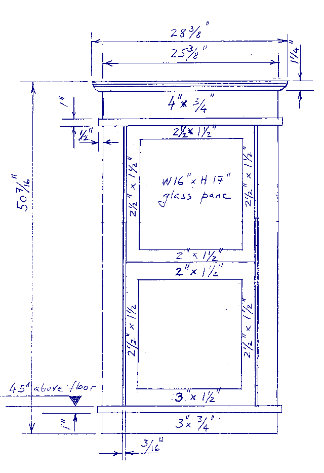 Hand drawn sketch of window frame with detailed measurements.