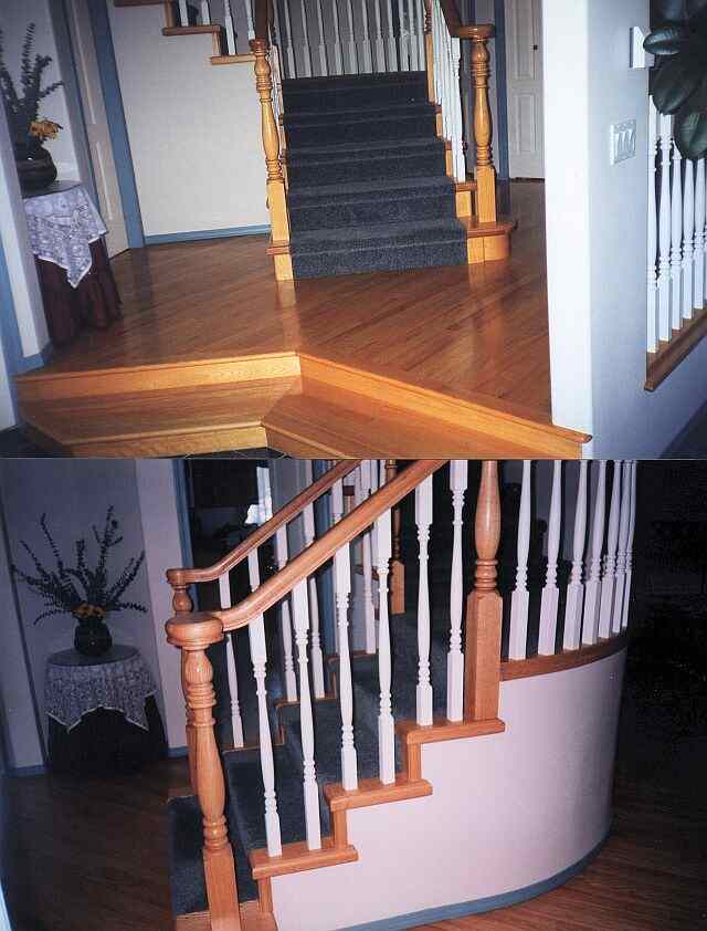 Photo of two angles of a rounded stair case with a landing and balustrade.