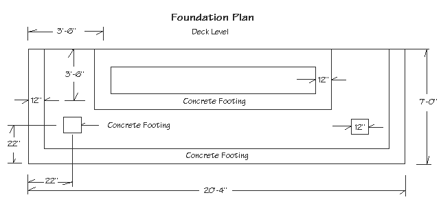 Diagram of foundationn plan of return backyard deck stairs with measurements.