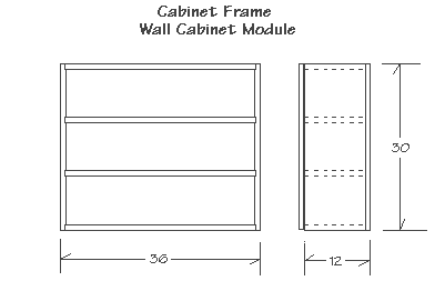 Drawing of cabinet frame for wall cabinet showing front and side views with measurements.