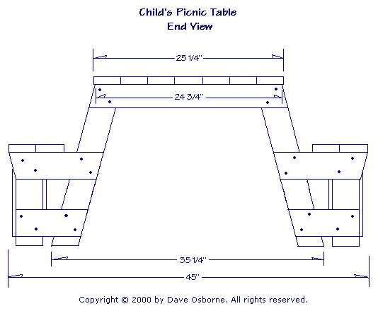 Diagram of the side view of the child picnic table with measurements and where to nail.
